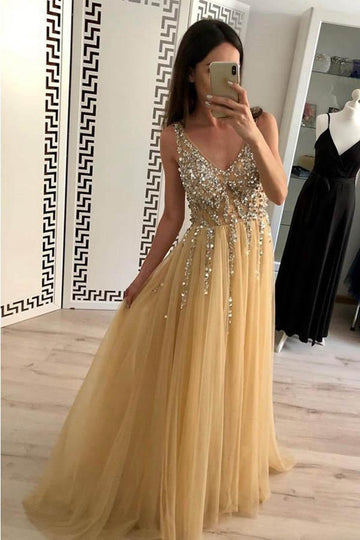 A Line Tulle V Neck Beading Champagne Evening Dress JTA9071