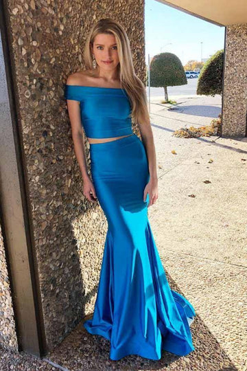 Ocean Blue Mermaid Two Piece Satin Off The Shoulder Prom Dress JTA9151