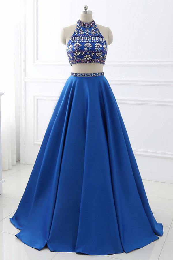 Royal Blue Two Piece Dress A Line Royal Blue Satin Two Piece