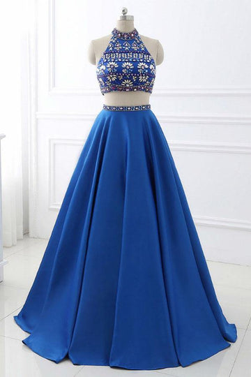 A Line Royal Blue Satin Two Piece Halter Prom Dress JTA9161