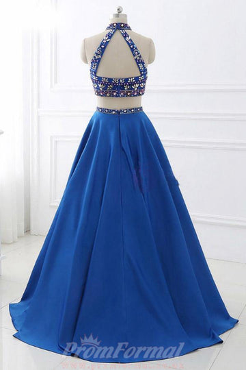 A Line Royal Blue Satin Two Piece Halter Prom Dress JTA9161