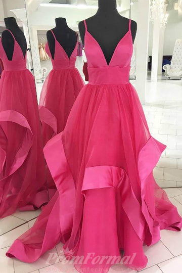 A Line Fuchsia Tulle Deep V Neck Prom Evening Dress JTA9171