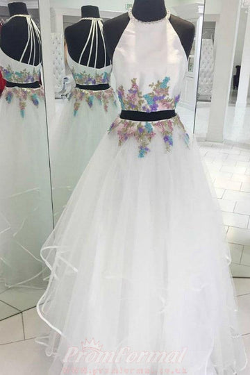 White Two Piece Halter Junior Prom Dress JTA9191