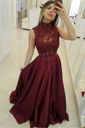 Dark Burgundy High Neck Lace Prom Dress JTA9211
