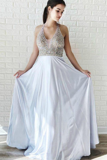 A Line Silver Satin V Neck Prom Dress With Beading JTA9221