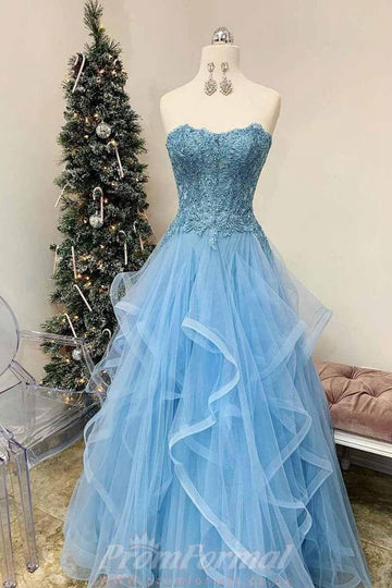 Blue Lace Appliques Sweetheart Layer Prom Formal Dress JTA9291