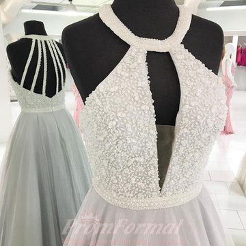 A Line White Tulle Halter Cut Out Prom Evening Dress With Beading JTA9321