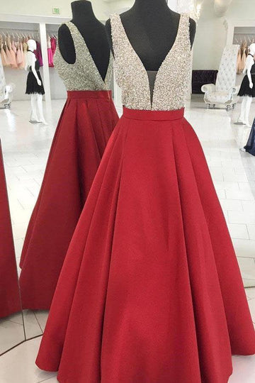 A Line Sparkly Sequins Red Satin Prom Dress JTA9331