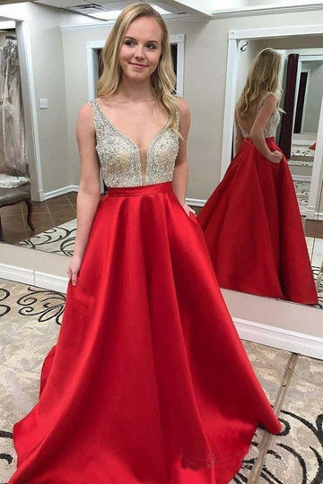 V Neck Beaded Red Satin Prom Dress with Pocket JTA9381