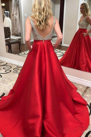 V Neck Beaded Red Satin Prom Dress with Pocket JTA9381