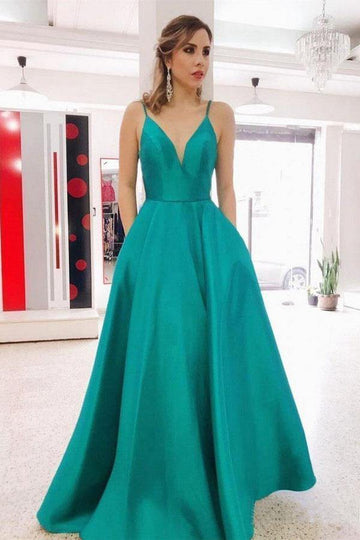 A Line V Neck Teal Satin Prom Dress with Pocket JTA9391