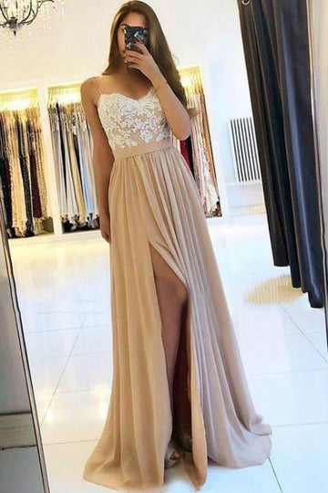 Champagne Spaghetti Straps Chiffon Prom Dress With Side Split JTA9411