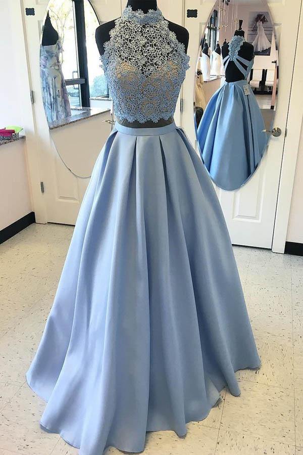 Prom Dress Halter Two Piece Blue Halter Two Pieces Princess Satin