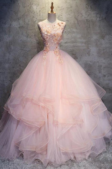 Pink Ball Gown Layers Tulle Ruffles Floral Prom Dress JTA9461