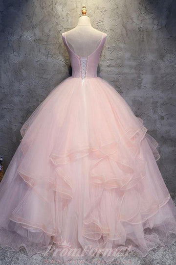 Pink Ball Gown Layers Tulle Ruffles Floral Prom Dress JTA9461