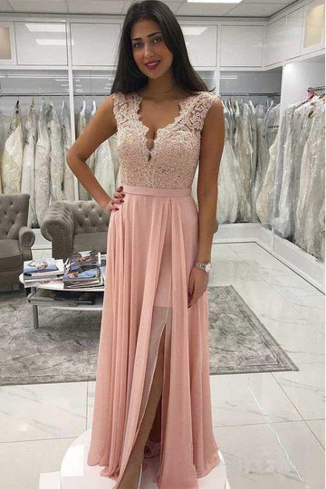 Chiffon Lace Beaded Pink V Neck Formal Dress with Split JTA9581