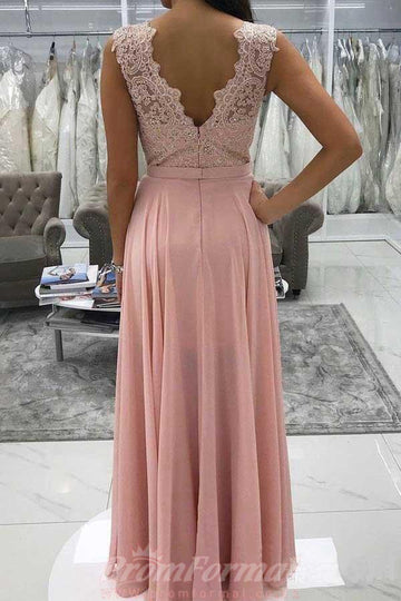 Chiffon Lace Beaded Pink V Neck Formal Dress with Split JTA9581