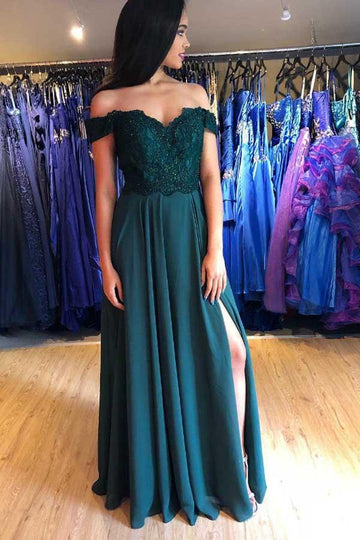 A Line Green Satin Off the Shoulder Prom Dress With Side Split JTA9661