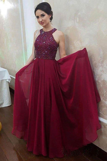 A Line Chiffon Burgundy Halter Beaded Prom Dress JTA9681