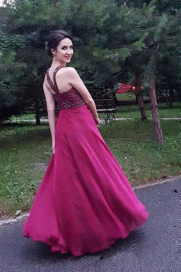 A Line Chiffon Burgundy Halter Beaded Prom Dress JTA9681