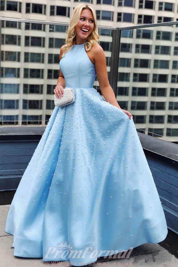 Sky Blue Satin Pearl Prom Dress with Pocket JTA9751