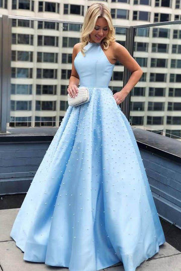 Sky Blue Satin Pearl Prom Dress with Pocket JTA9751