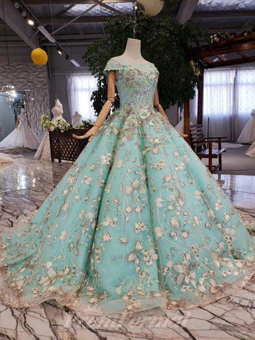 Off The Shoulder Tulle Ball Gown Prom Dress With Lace Applique JTA9821