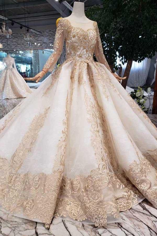 Champagne Luxurious Long Sleeve Ball Gown Prom Dress With Lace Appliqu