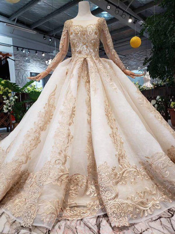 Champagne Luxurious Long Sleeve Ball Gown Prom Dress With Lace Applique JTA9831
