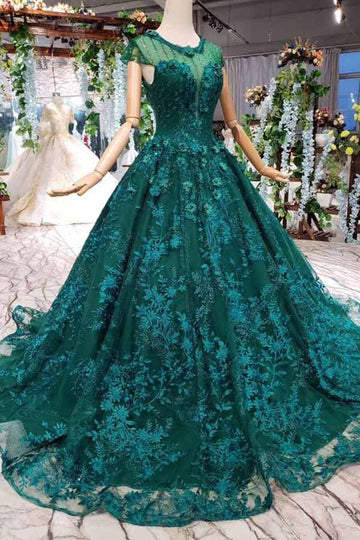 Luxurious Dark Green Tulle Ball Gown Prom Dress With Lace Applique JTA9841