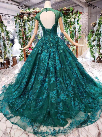 Luxurious Dark Green Tulle Ball Gown Prom Dress With Lace Applique JTA9841