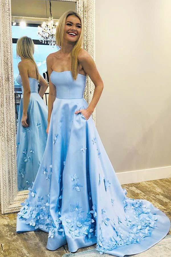 A Line Sweetheart Sky Blue 3D Floral Applique Prom Dress With Pocket J A Line Sweetheart Sky Blue 3D Floral Applique Prom Dress With Pocket J