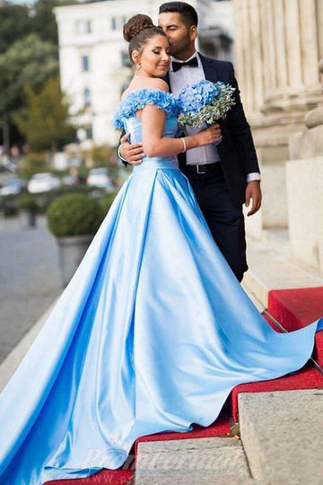 Sky Blue Off The Shoulder Satin Prom Dress JTA9911