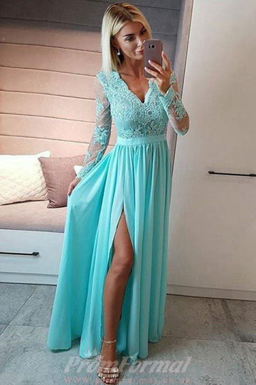 A Line V Neck Royal Blue Chiffon Long Sleeves Prom Dress with Appliques JTA9961