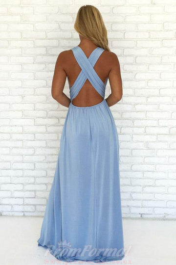 A Line V Neck Sky Blue Chiffon Prom Dress with Split JTA9971