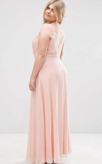 PPBD051 Pink Cap V Neck Plus Size Bridesmaid Dress
