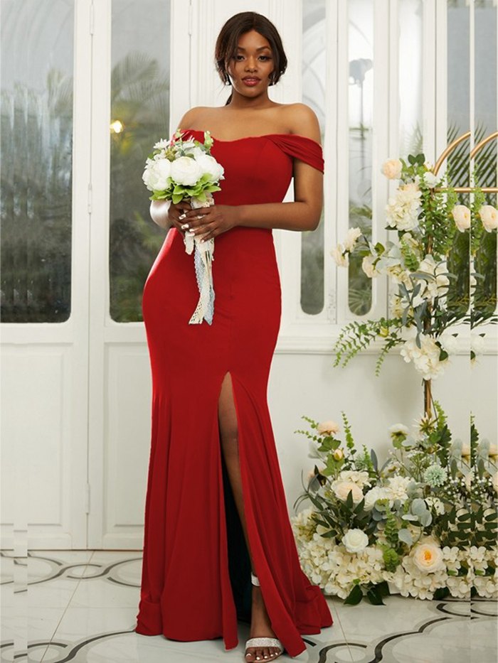 PPBD057 Red Mermaid Plus Size Bridesmaid Dress With Split