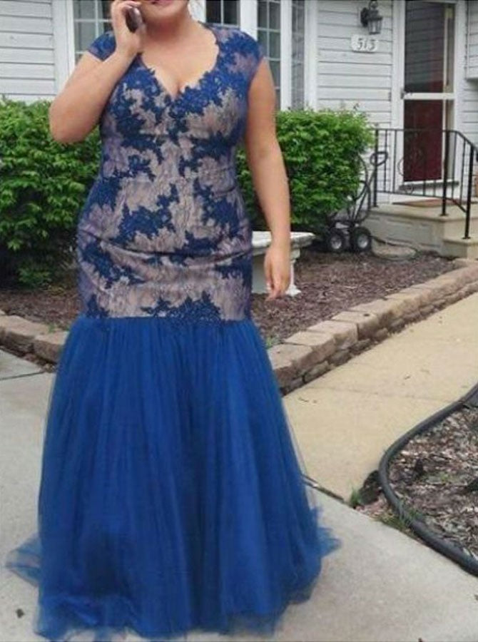 Royal Blue V-neck Mermaid Lace Plus Size Bridesmaid Dress PSD096 Royal Blue V-neck Mermaid Lace Plus Size Bridesmaid Dress PSD096