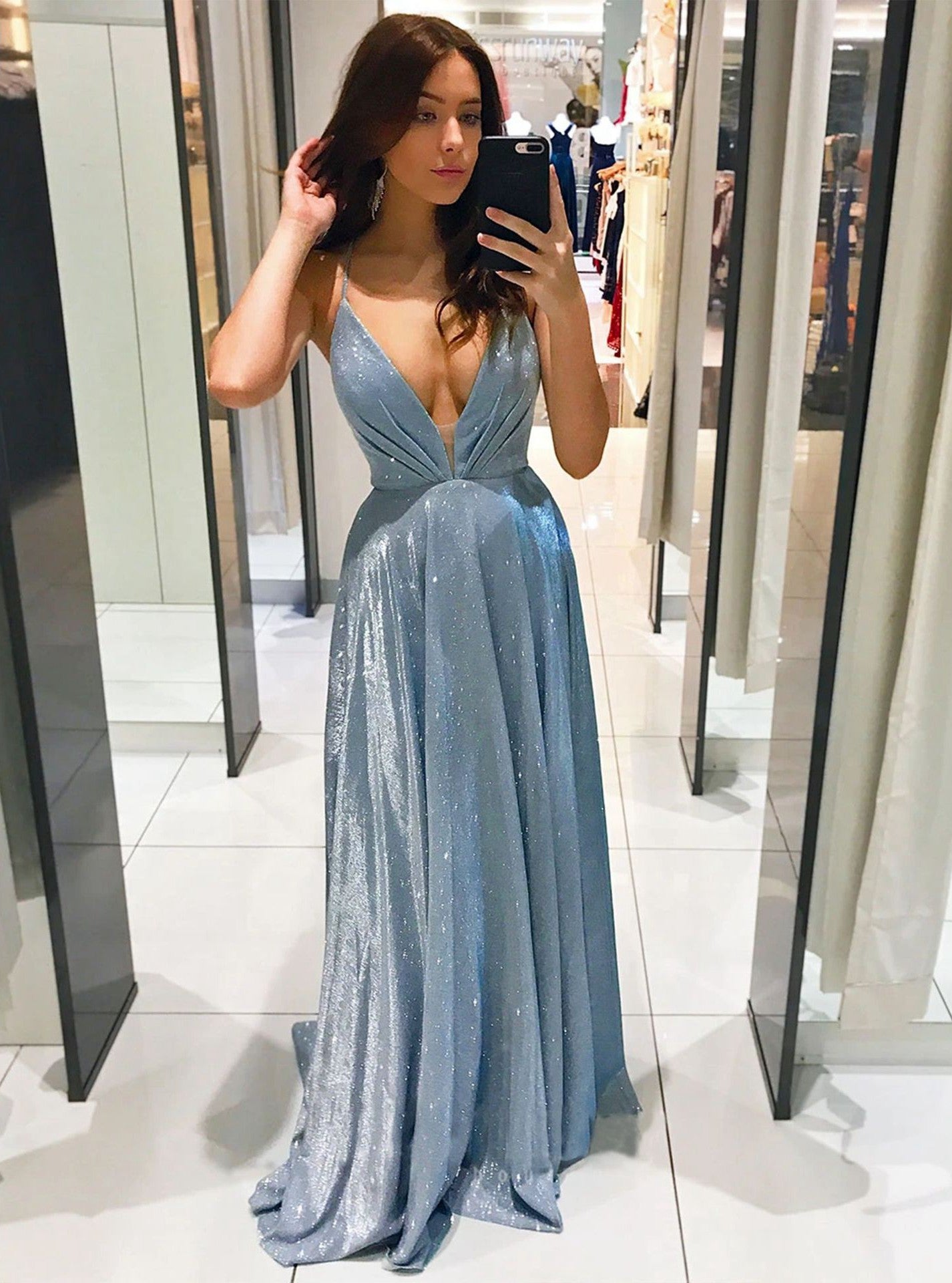Women Strap Party Maxi Dress Light Blue Sexy V Neck Evening Dress Sequin Long Prom Dress
