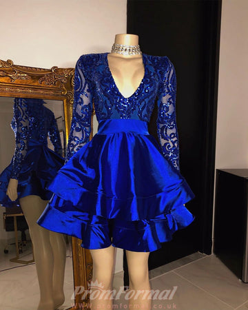 Royal Blue Long Sleeve V neck Short Prom Dress REAL001