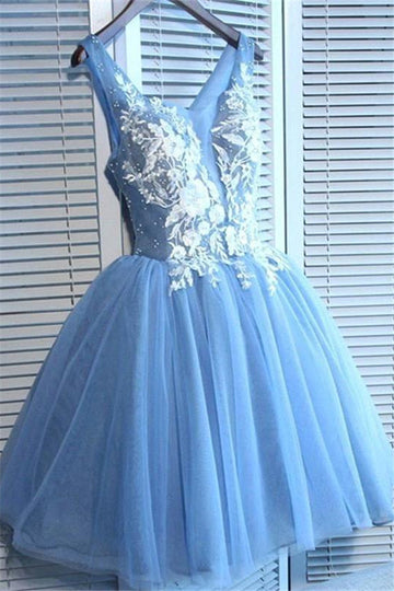 Blue V Neck Short Homecoming Dress REAL004