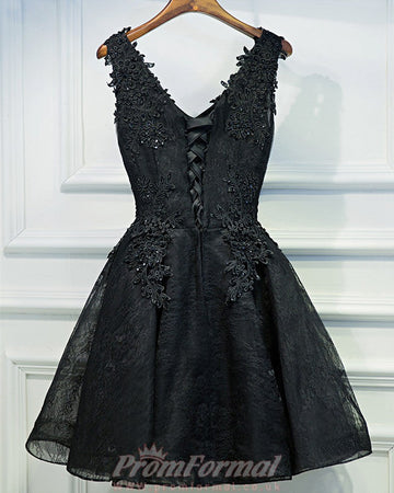 Black V Neck Short Lace Prom Dress REAL009