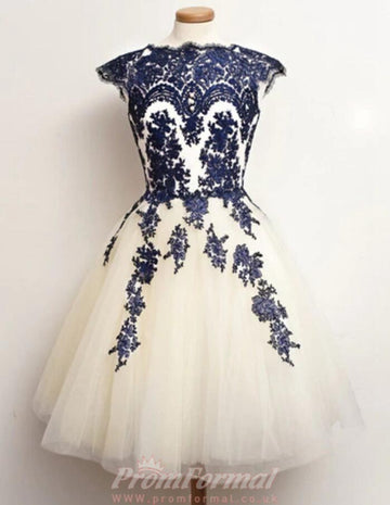 Short White And Navy Junior Lace Prom Dress REAL011