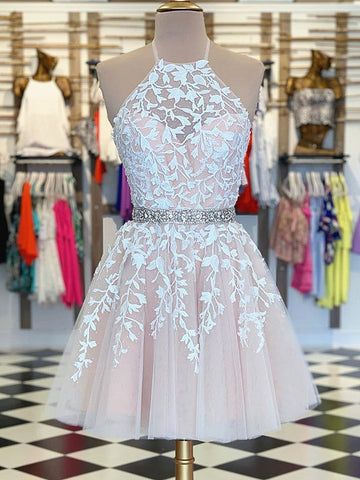 Halter Short Junior Lace Prom Dress REAL012