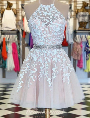 Halter Short Junior Lace Prom Dress REAL012