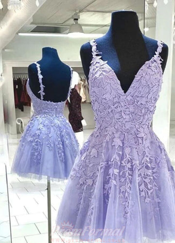 Lilac Short V Neck Junior Lace Prom Dress REAL013