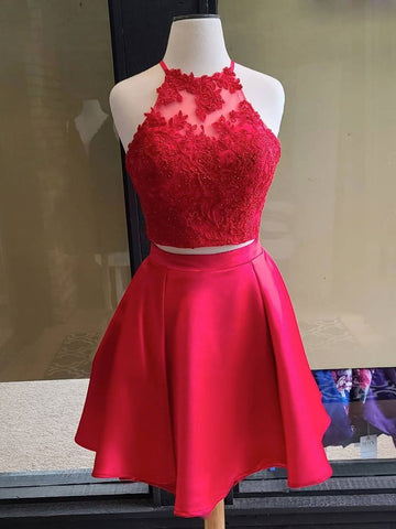 Halter Short Red Two Piece Junior Prom Dress REAL021