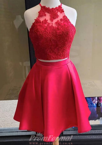 Halter Short Red Two Piece Junior Prom Dress REAL021