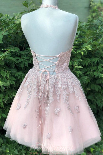 Short Halter Neck Pink Lace Prom Dress REAL022