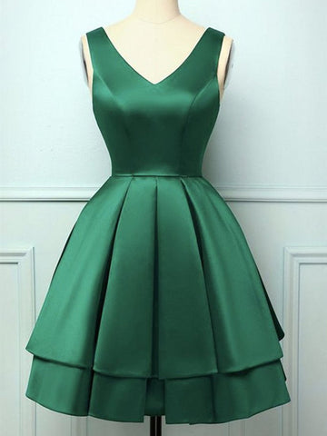 Short V Neck Dark Green Prom Dress REAL025